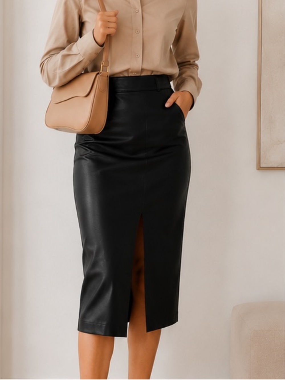 Dynamite Black Faux Leather Midi Skirt With Front Slit NWT | Size S